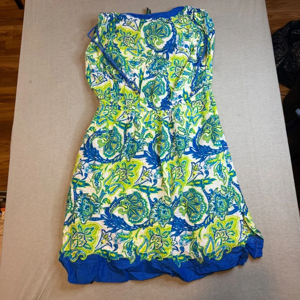 Lauren Ralph‎ Lauren Blue Green Paisley Cotton Empire Waist V-Neck Dress Small